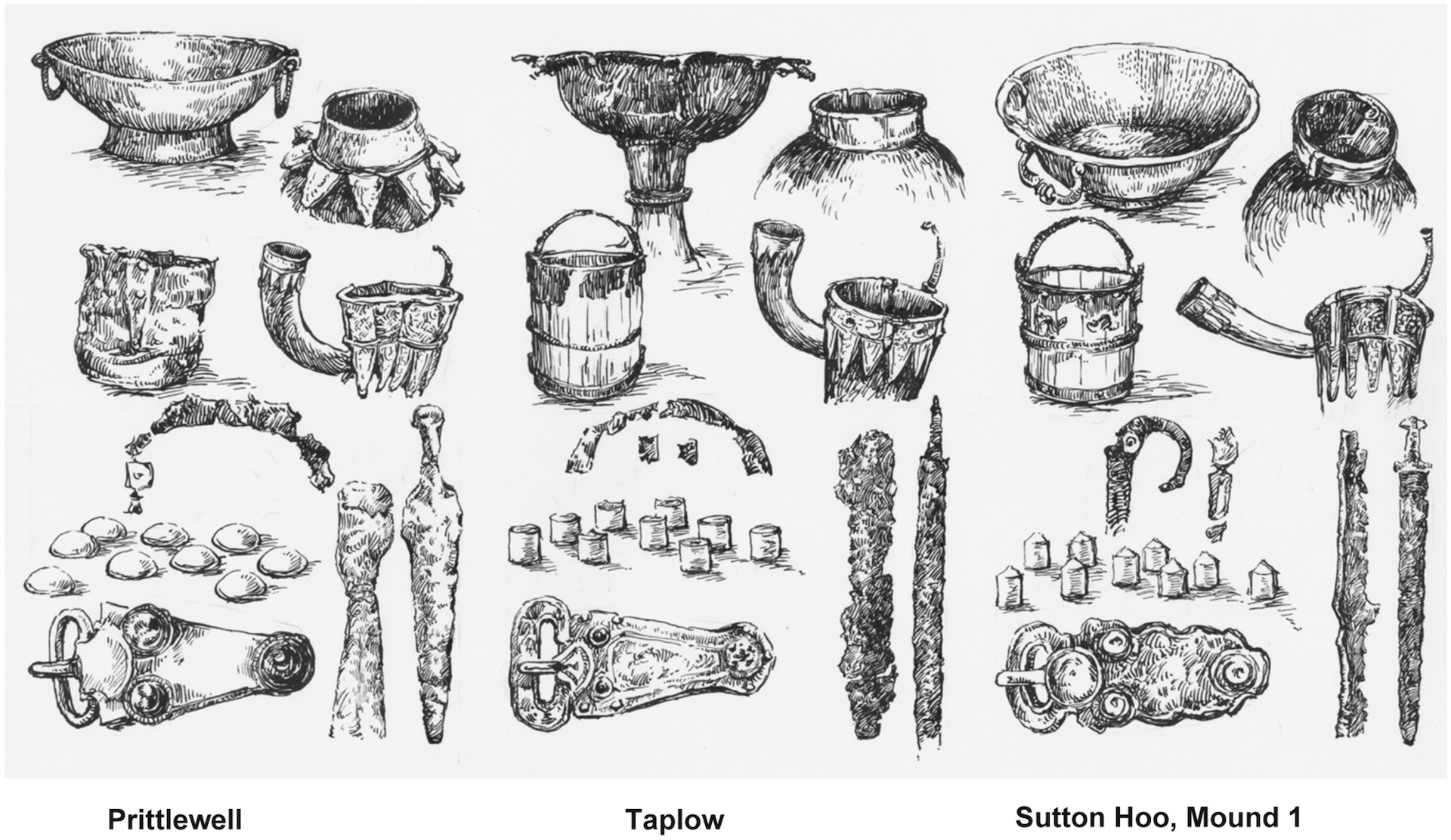 A black-and-white drawing of artifacts found in early English graves