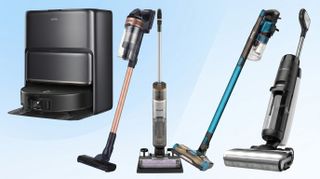 Robot vacuums on blue gradient background