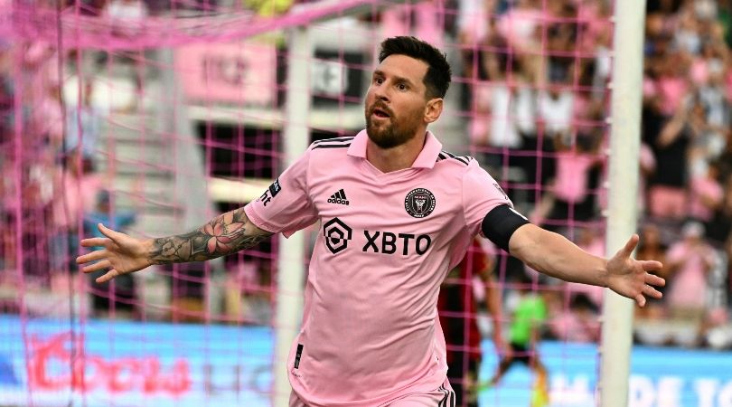 Lionel Messi celebrates one of his goals for Inter Miami against Atlanta United in July 2023.