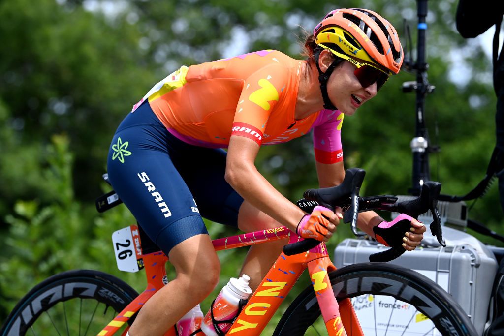 BLAGNAC FRANCE JULY 28 Agnieszka SkalniakSjka of Poland and Team CanyonSRAM Racing competes in the breakaway during the 2nd Tour de France Femmes 2023 Stage 6 a 1221km stage from Albi to Blagnac UCIWWT on July 28 2023 in Blagnac France Photo by Tim de WaeleGetty Images
