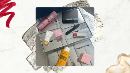Image of the Sephora Favorites Advent Calendar with its contents on top, on a white marble background with silver glitter swatch, cream and red lip liner swatches