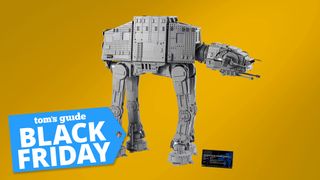 lego UCS at-at on a yellow background with black friday deal tag