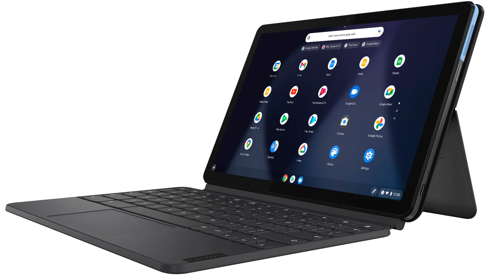A Lenovo IdeaPad Duet Chromebook against a white background