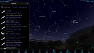 SkySafari 5's search function has a separate category for comets. This helps you find the easiest ones to observe by sorting them according to visual brightness or other parameters. The comets available in your sky will be bolded.