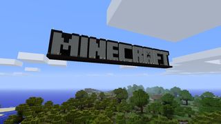 Minecraft logo against blue sky
