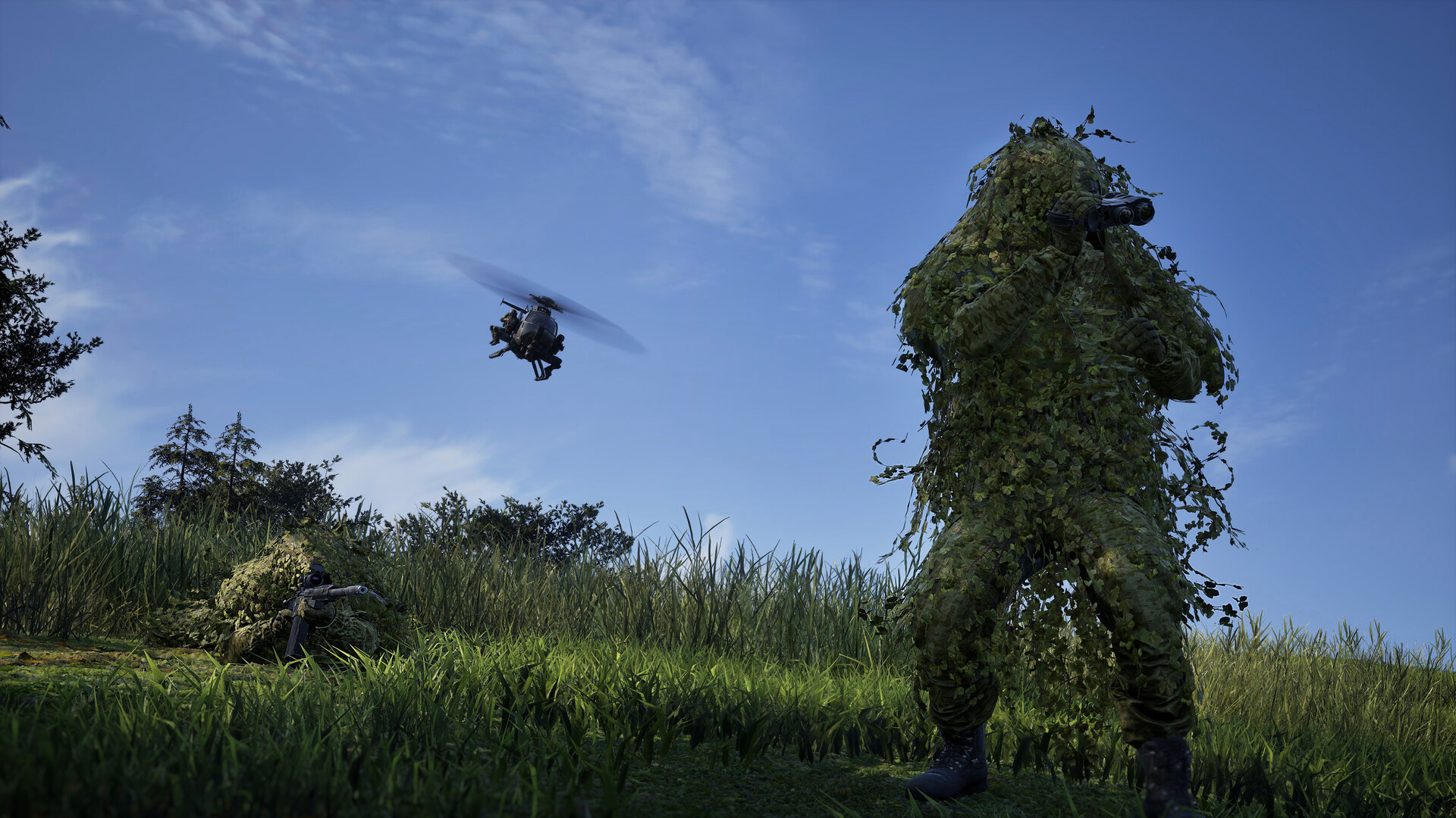 Wardogs two players dressed in ghillie suits as a small helicopter approaches from behind