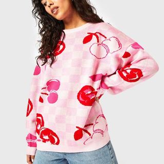 Pink cherry printed jumper from New Look