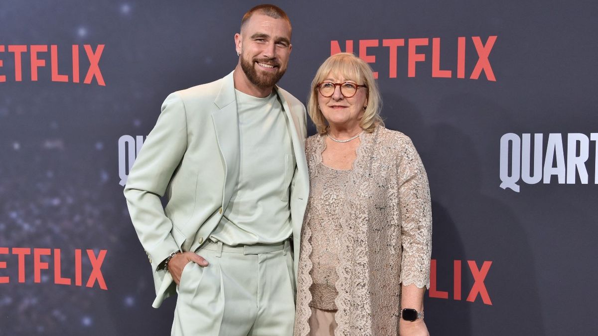 Kansas City Chief&#039;s football tight end Travis Kelce (L) and his mom Donna Kelce arrive for the premiere of Netflix&#039;s docuseries &quot;Quarterback&quot; at the Tudum Theatre in Los Angeles, on July 11, 2023. 