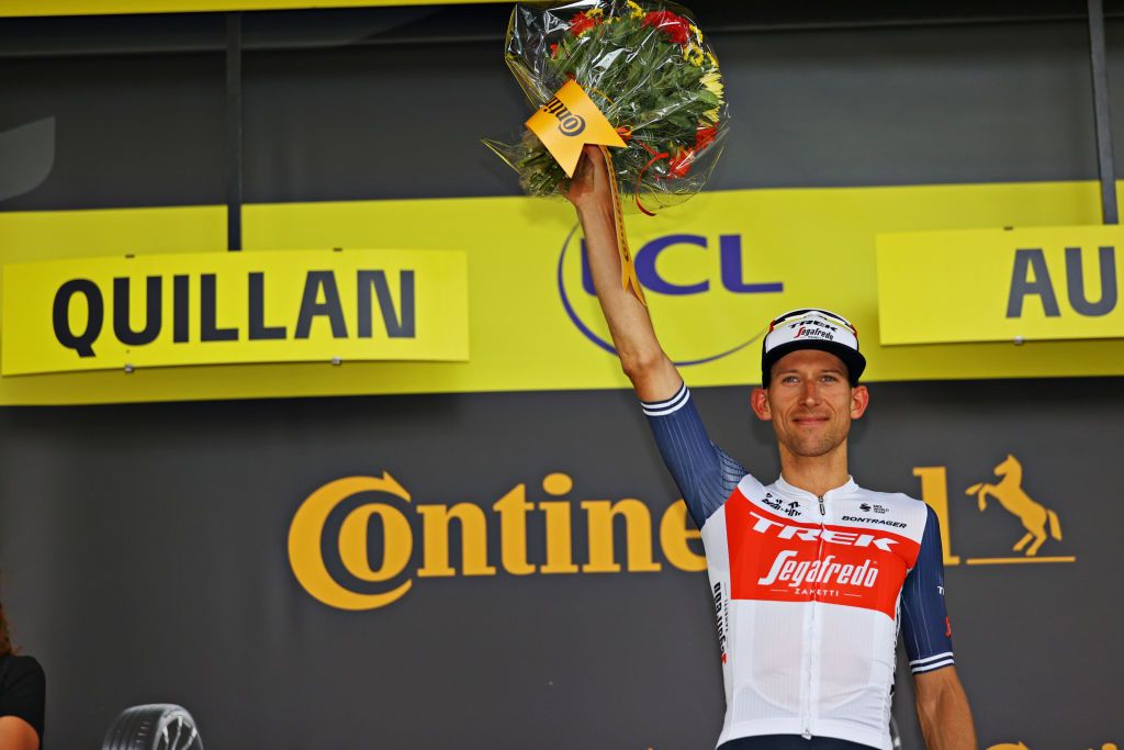 QUILLAN FRANCE JULY 10 Bauke Mollema of The Netherlands and Team Trek Segafredo celebrates at podium during the 108th Tour de France 2021 Stage 14 a 1837km stage from Carcassonne to Quillan LeTour TDF2021 on July 10 2021 in Quillan France Photo by Tim de WaeleGetty Images