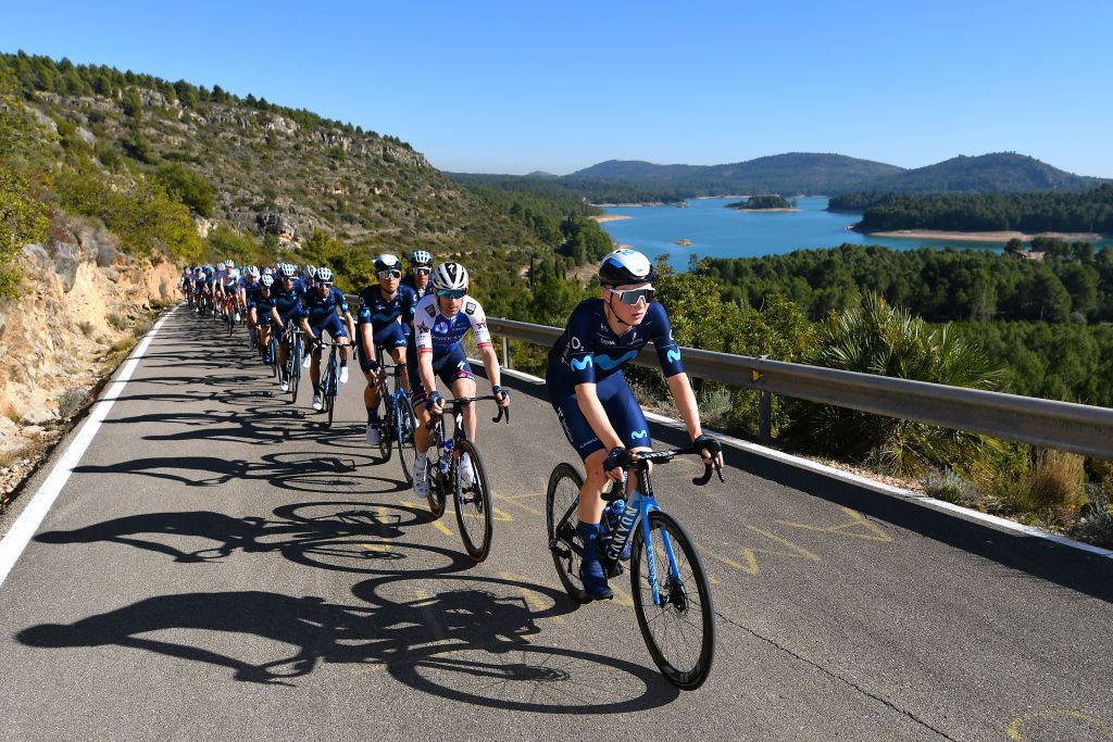 TORRALBA DEL PINAR SPAIN FEBRUARY 02 LR Michael Morkov of Denmark and Team QuickStep Alpha Vinyl and Juri Hollmann of Germany and Movistar Team lead the peloton during the 73rd Volta A La Comunitat Valenciana 2022 Stage 1 a 1667km stage from Les Alqueries to Torralba Del Pinar 735m VCV2022 on February 02 2022 in Torralba Del Pinar Spain Photo by Dario BelingheriGetty Images