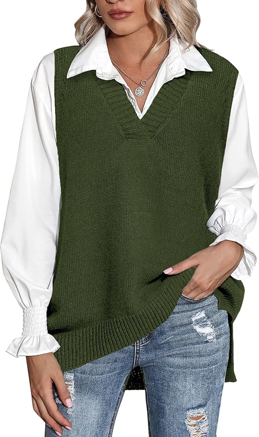 Zeagoo, Zeagoo Sweater Vest Women Sleeveless V Neck Oversized Pullover Knitted Tops 2024 Fall Outfits Army Green