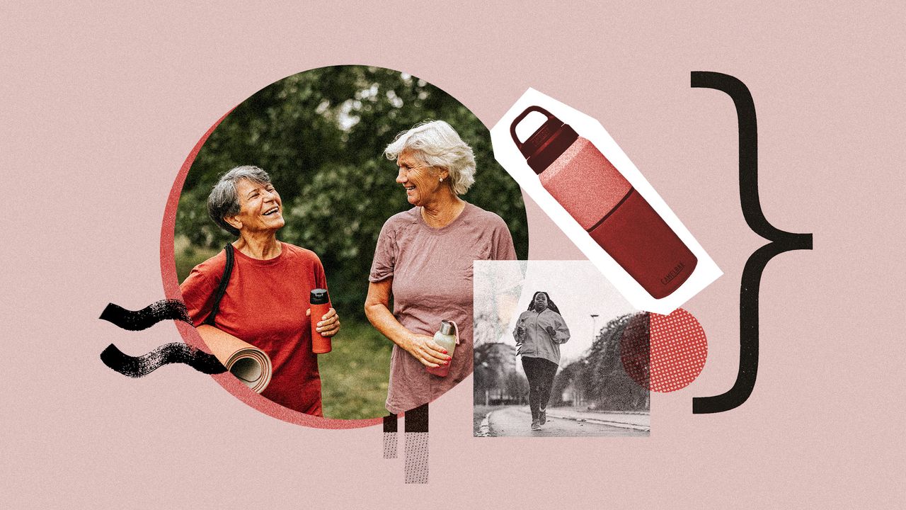 Photo collage of people using water bottles on holiday and working out, and a product shot of a water bottle.