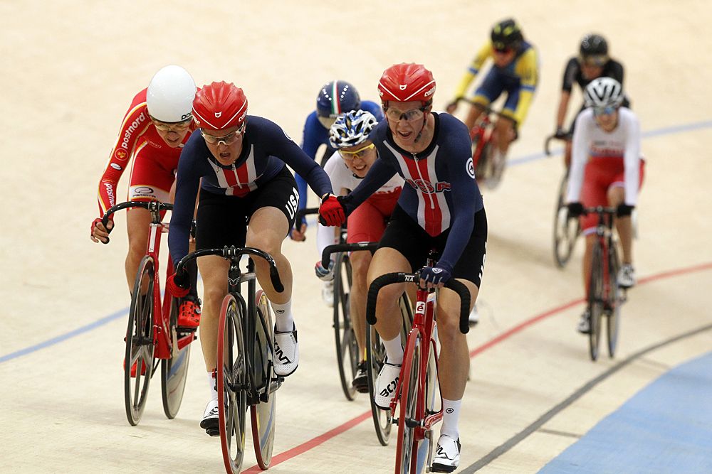 Cyclists compete in the women's Madison final race, during the Tissot UCI Track Cycling World Cup