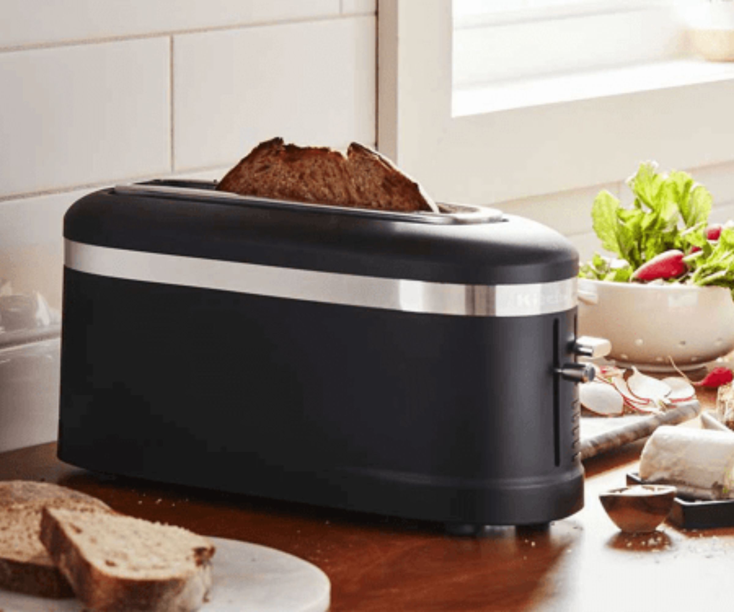 Black KitchenAid toaster on a countertop