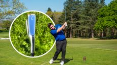 Matt Cradock playing a shot with a 7-iron with a close up inset image of a 7-iron club head