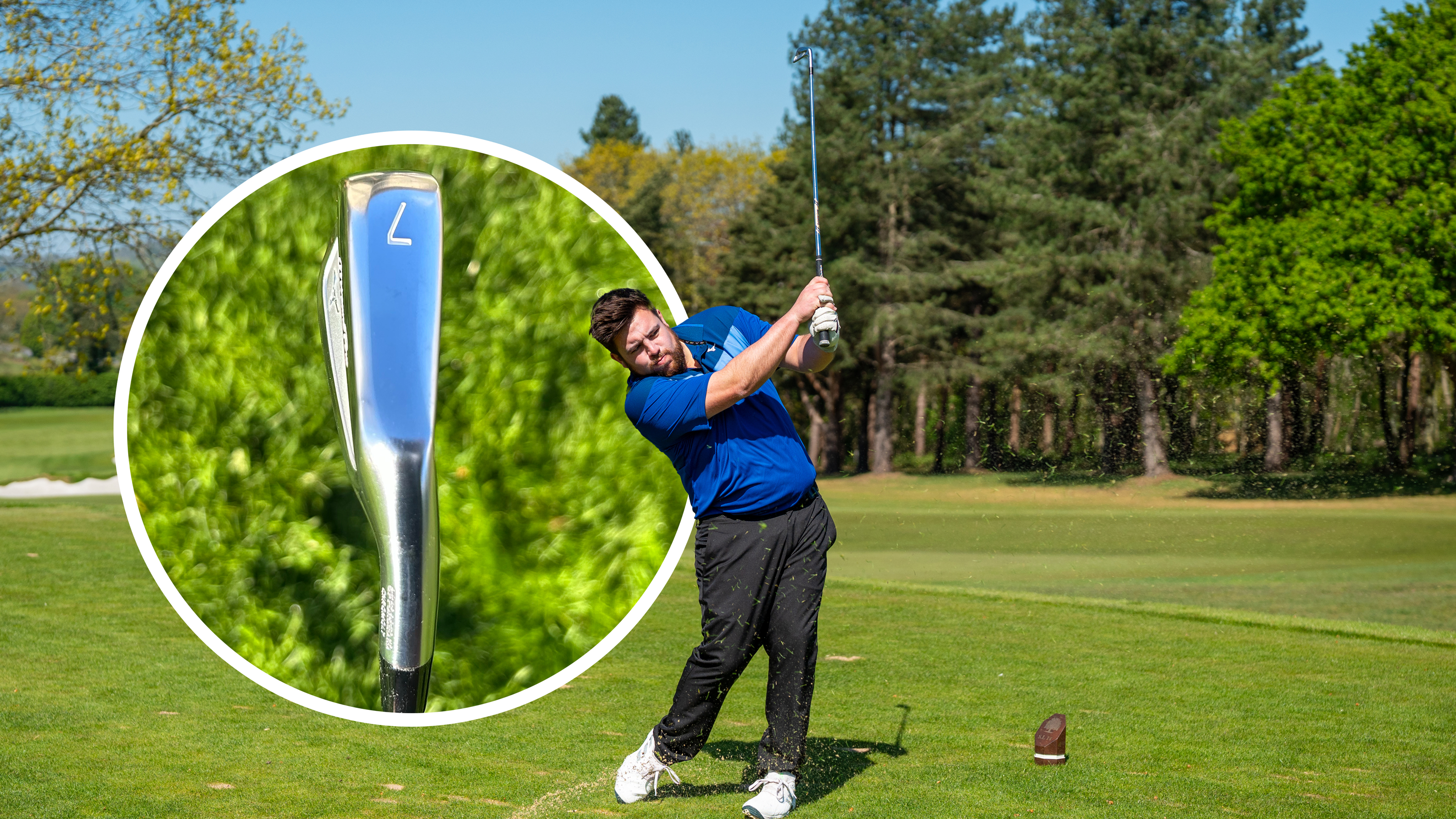 Matt Cradock playing a shot with a 7-iron with a close up inset image of a 7-iron club head