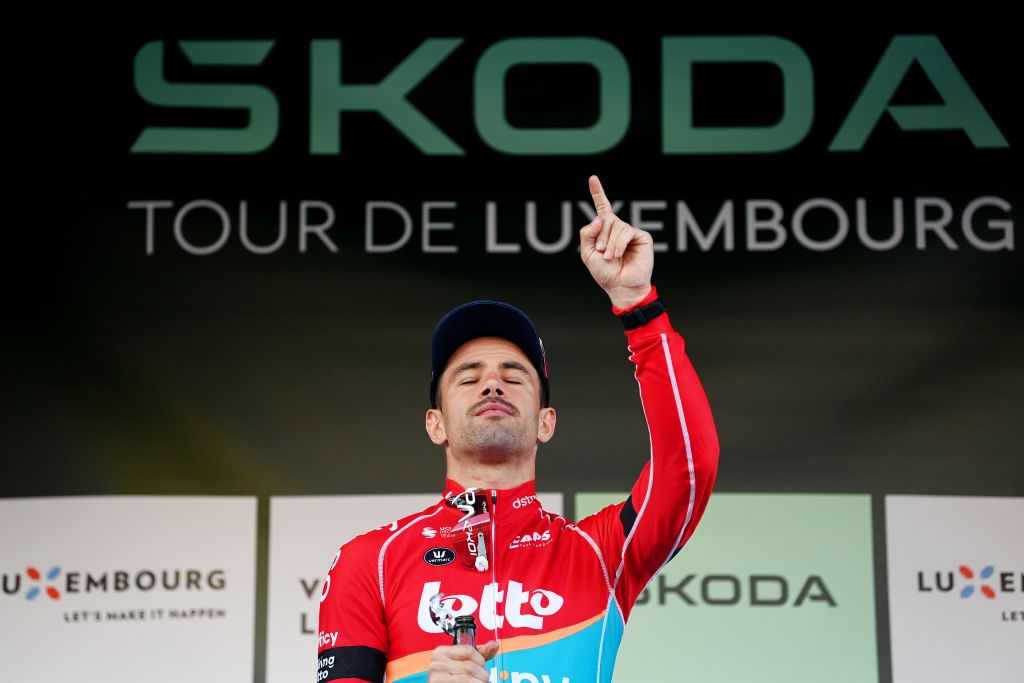 PETANGE LUXEMBOURG SEPTEMBER 23 Victor Campenaerts of Belgium and Team Lotto Dstny dedicates victory to his late uncle at podium as stage winner during the 83rd Skoda Tour Luxembourg 2023 Stage 4 a 239km individual time trial from Ptange to Ptange on September 23 2023 in Petange Luxembourg Photo by Tim de WaeleGetty Images
