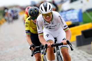 ROUBAIX FRANCE APRIL 06 Lotte Kopecky of Belgium and Team SD Worx Protime competes in the breakaway during the 4th ParisRoubaix Femmes 2024 a 1485km one day race from Denain to Roubaix on UCIWWT April 06 2024 in Roubaix France Photo by Etienne Garnier PoolGetty Images