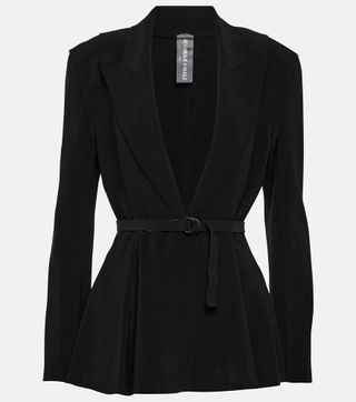 Belted Peplum-Hem Jersey Blazer