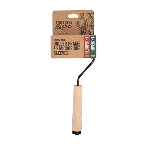 Two Fussy Blokes 4 Inch (100mm) Wooden Handle Mini Paint Roller Frame Set With 2 Microfibre Roller Sleeves – Durable Steel Frame for Smooth Finish on Trim & Furniture