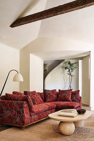 red jacquard sofa with blue weave in living room