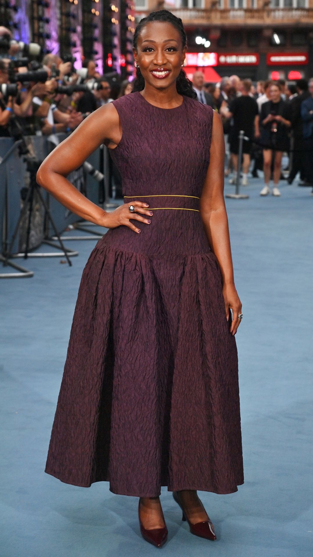 beverley knight wearing a burgundy dress