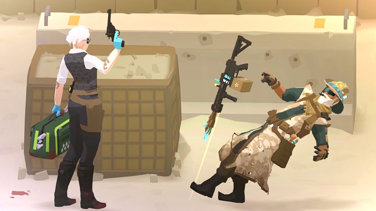 Tactical Breach Wizards screenshot showing a woman with tied-back white hair shooting down a man in a camo-style robe, causing him to fall backward and drop his rifle