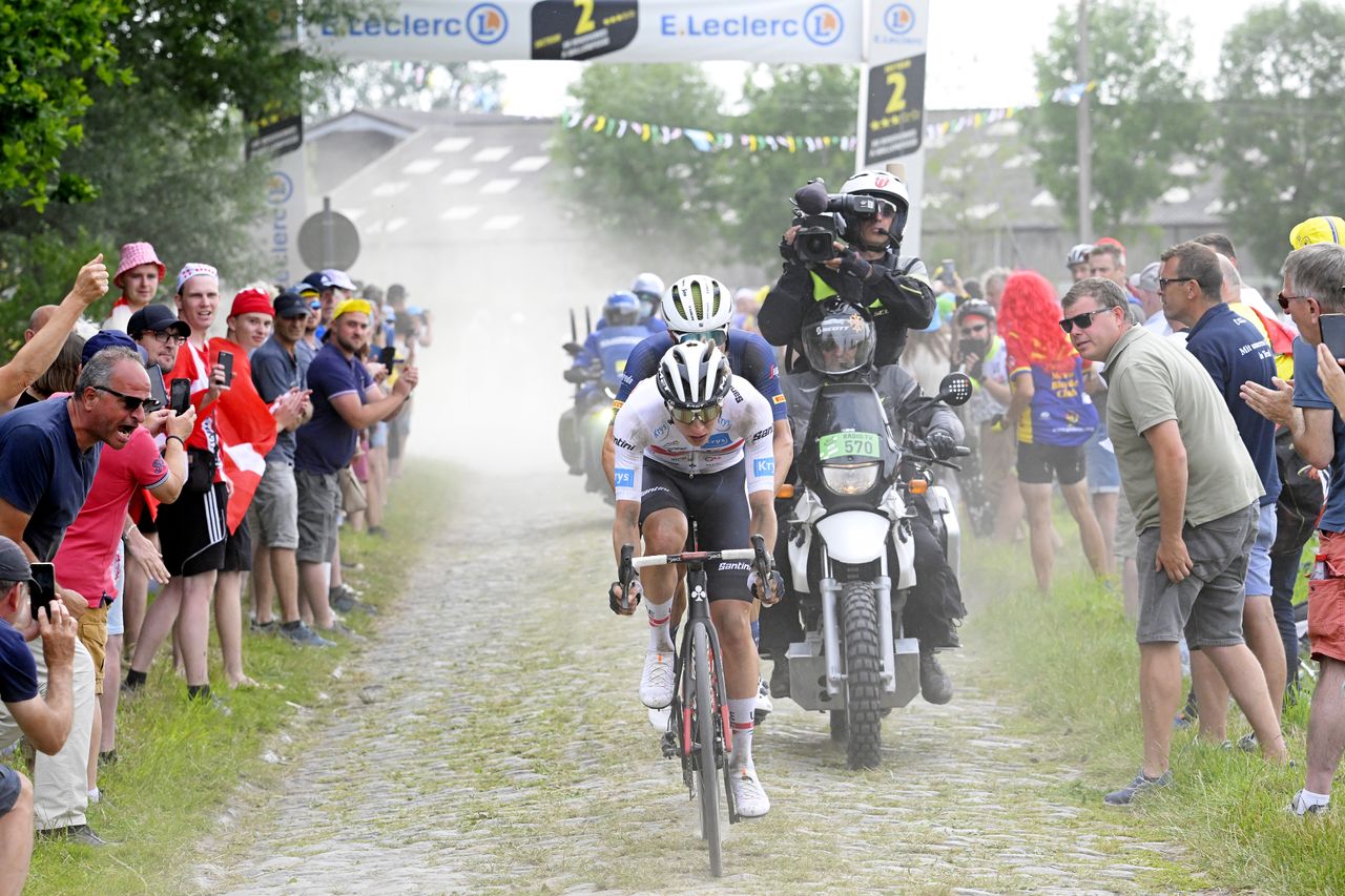 Tadej Pogačar rides on a cobbled sector during stage five of the 2022 Tour de France