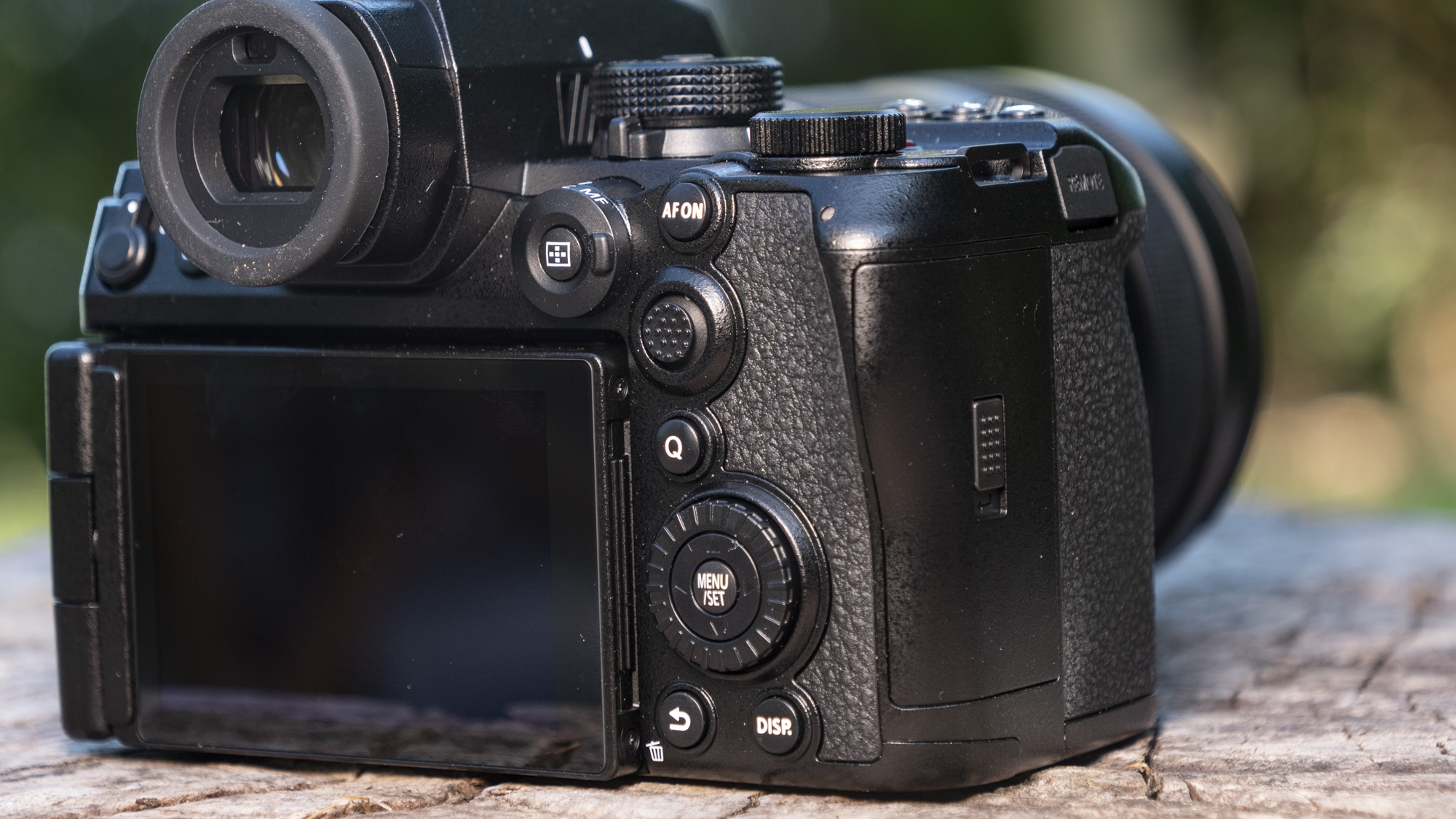 Rear of Panasonic Lumix S1 II mirrorless camera outdoors on a wooden surface