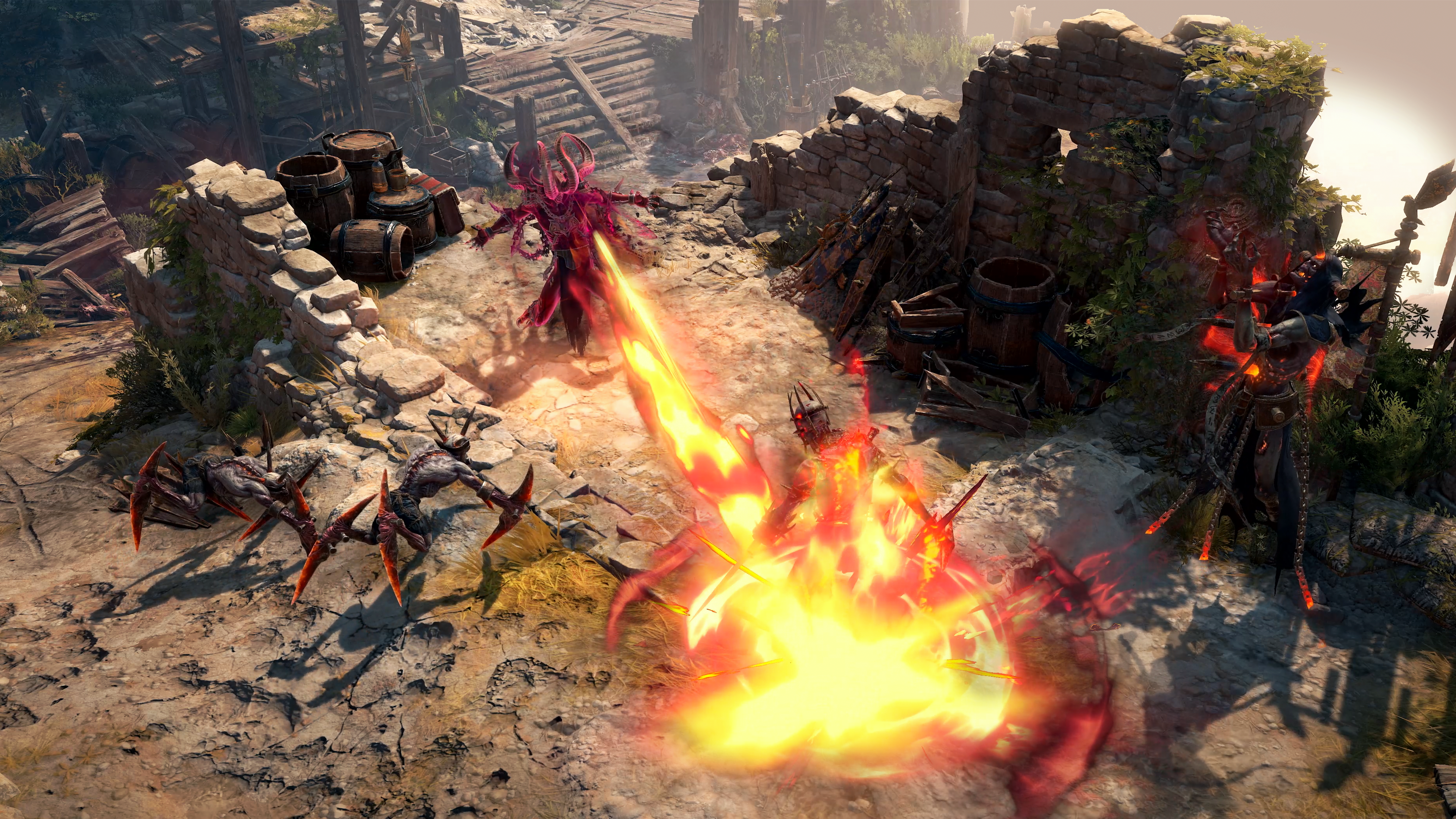 A promotional screenshot of Diablo 4: Lord of Hatred's warlock class. A player character transformed into a demon spews fire down on monsters in a sunny region.