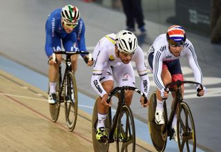 Gaviria, Cavendish and Viviani during the omnium points race, Track World Championships 2016