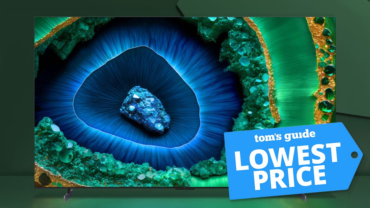 TCL C855 QD Mini LED TV product image with Tom&#039;s Guide &#039;Lowest Price&#039; deal badge layered on top.