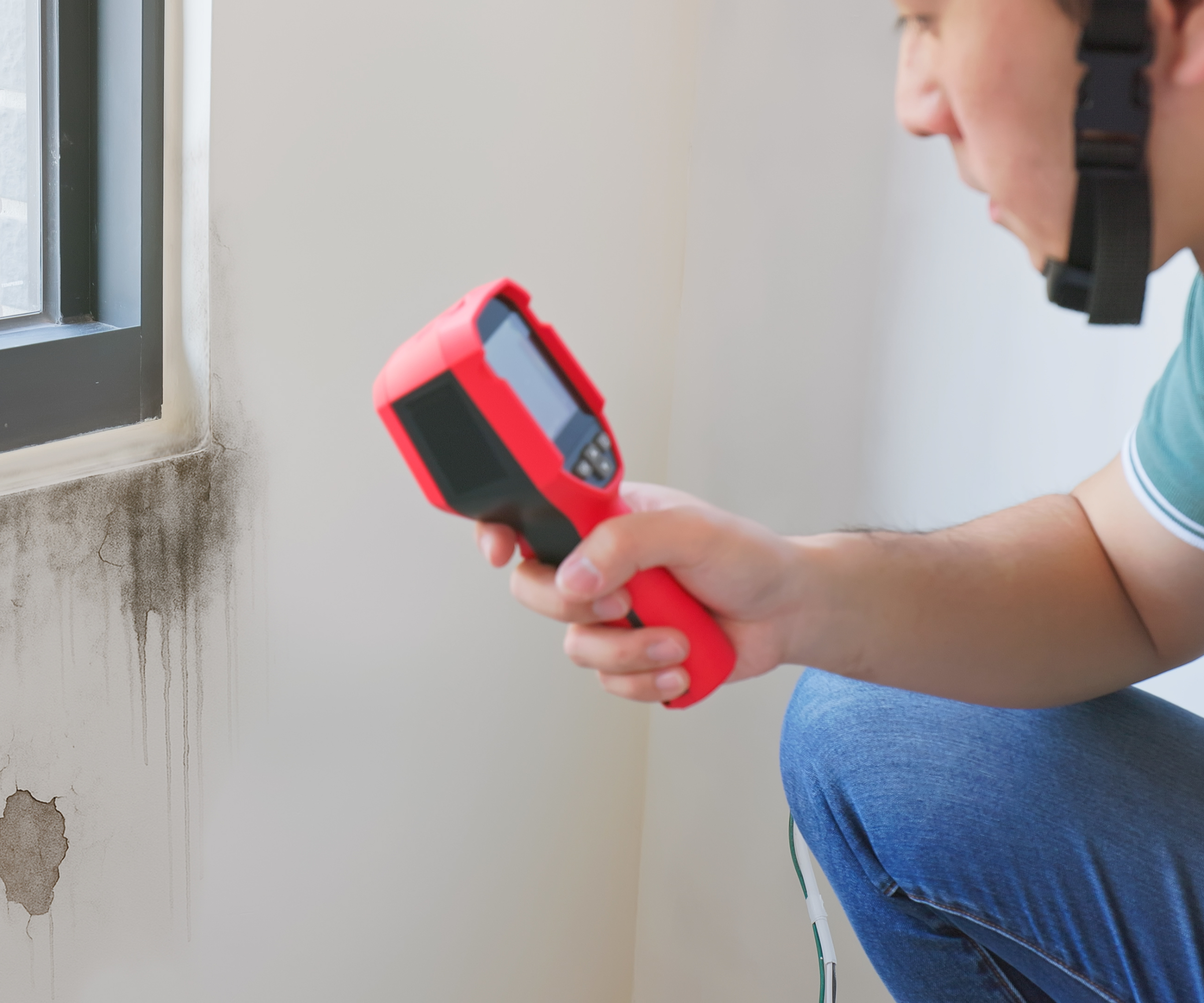 men with damp meter crouched next to wall with damp below window