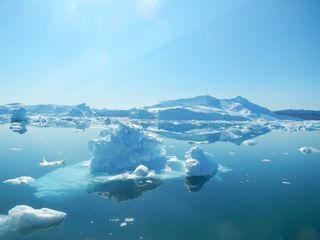 Mountainous glaciers float in placid water