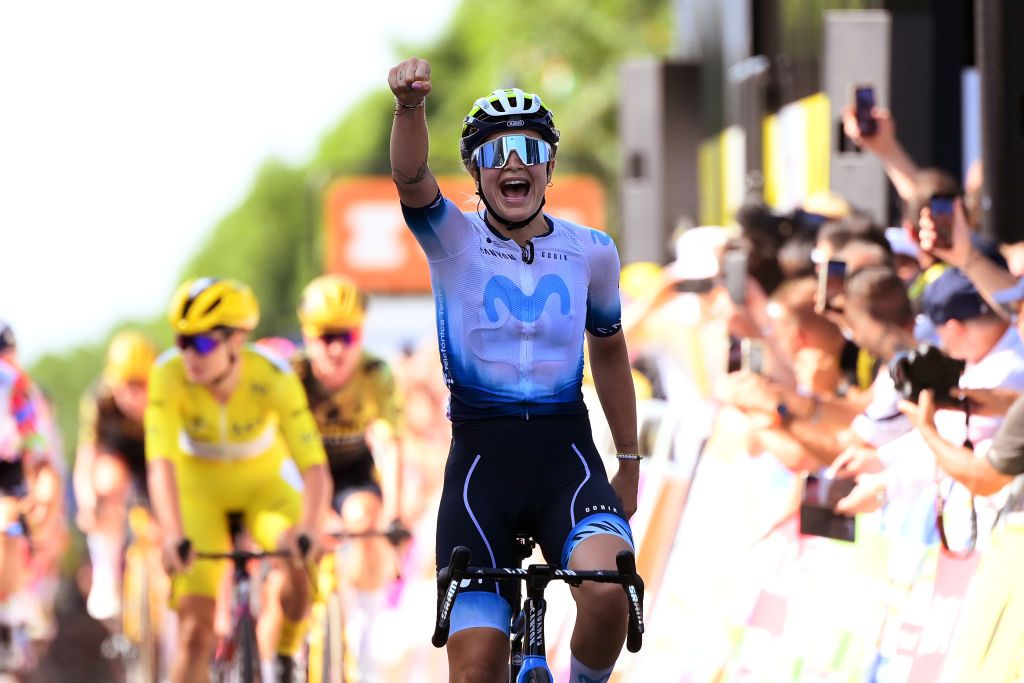 BLAGNAC FRANCE JULY 28 Emma Norsgaard of Denmark and Movistar Team celebrates at finish line as stage winner during the 2nd Tour de France Femmes 2023 Stage 6 a 1221km stage from Albi to Blagnac UCIWWT on July 28 2023 in Blagnac France Photo by Alex BroadwayGetty Images