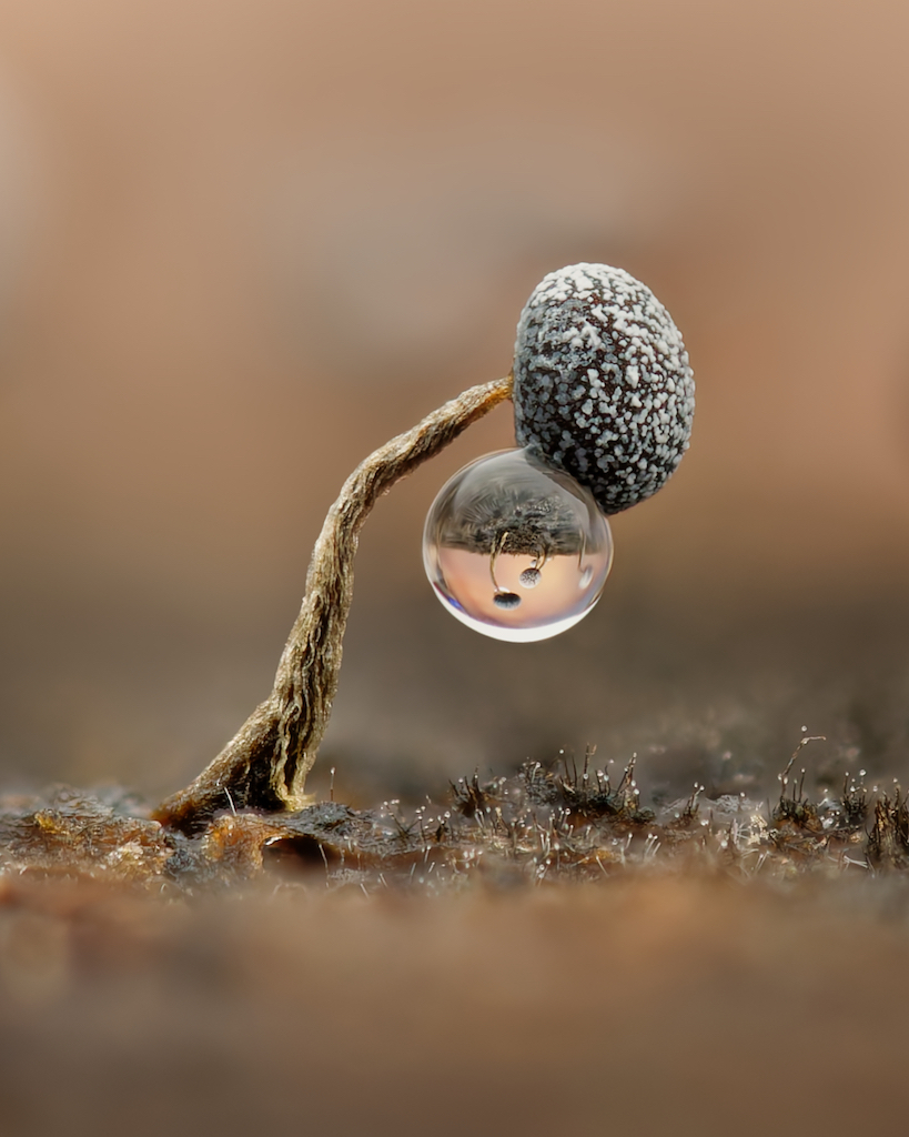 A delicate mushroom cap balances above a transparent water droplet, reflecting its surroundings on a blurred earthy background