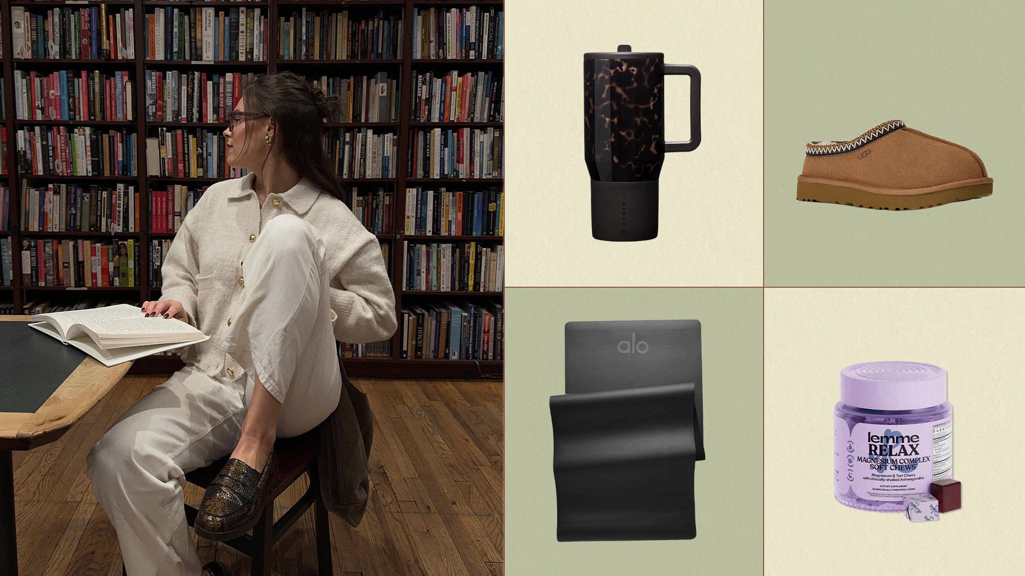 Collage of a woman in a library and a gif of fall home, beauty, and wellness items.