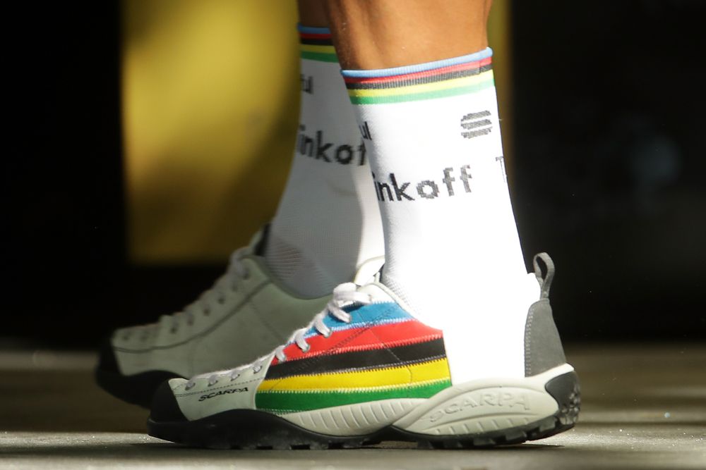 Peter Sagan's rainbow podium shoes.