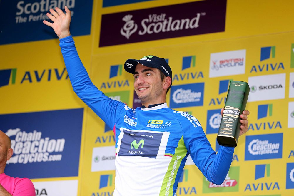 Juan Jose Lobato in blue on the stage 3 podium.