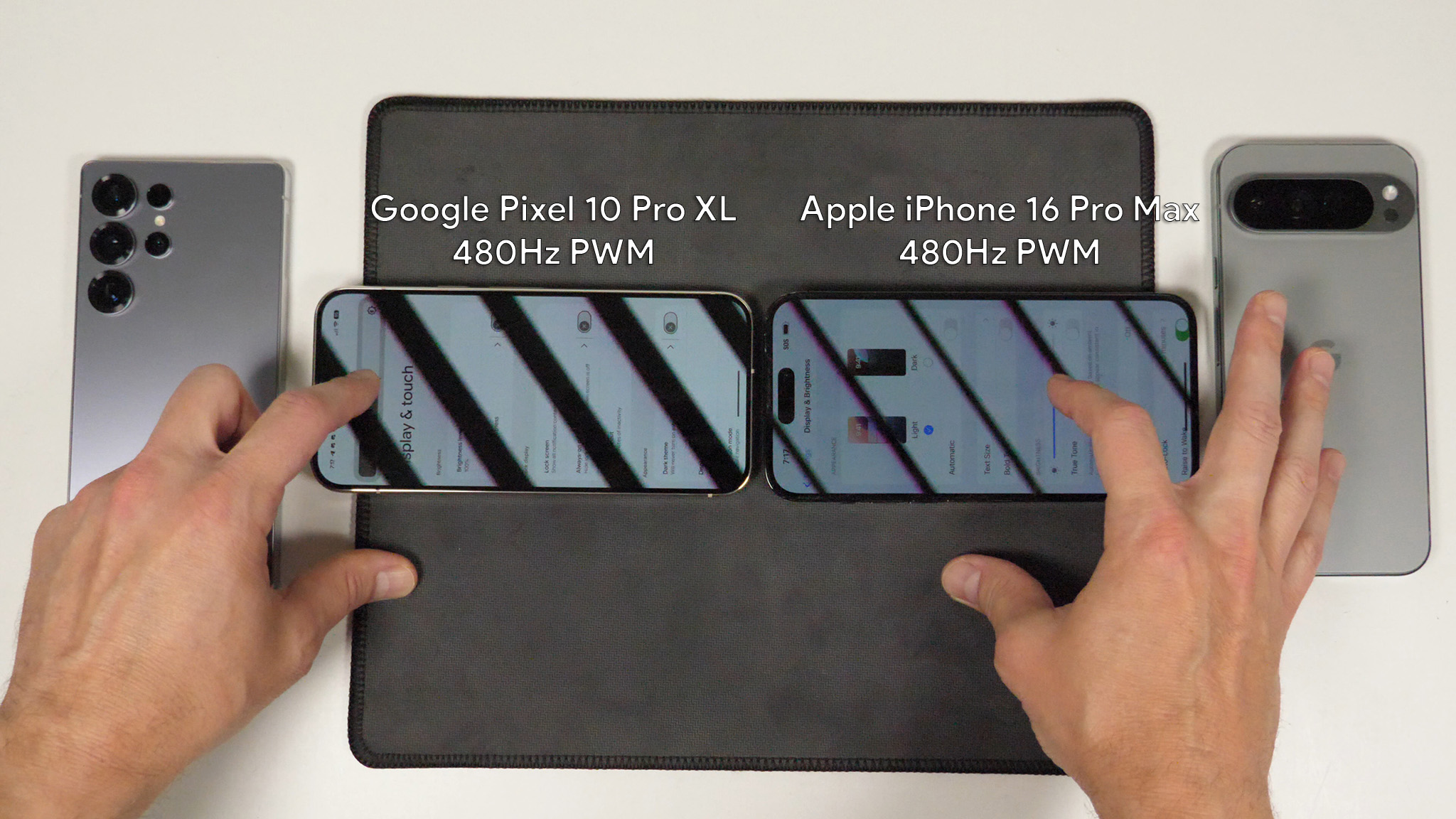 Comparing the PWM rate of a Google Pixel 10 Pro XL with the sensitive eyes dimming feature enabled to the Apple iPhone 16 Pro Max