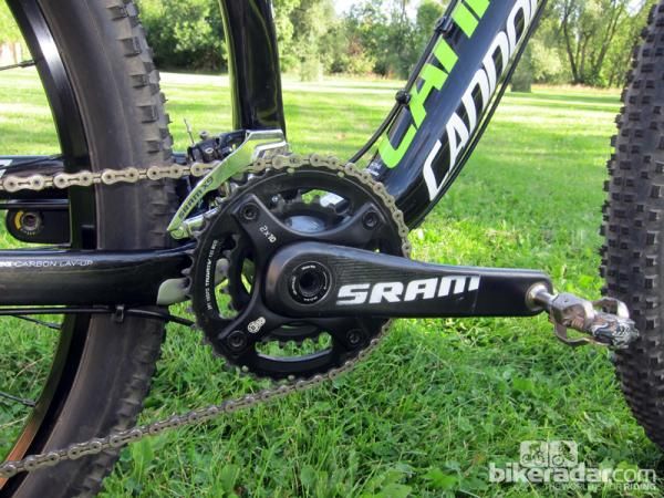The SRAM S2210 cranks utlize carbon fiber arms and a bolt-on aluminum spider. Shift quallity was fantastic.