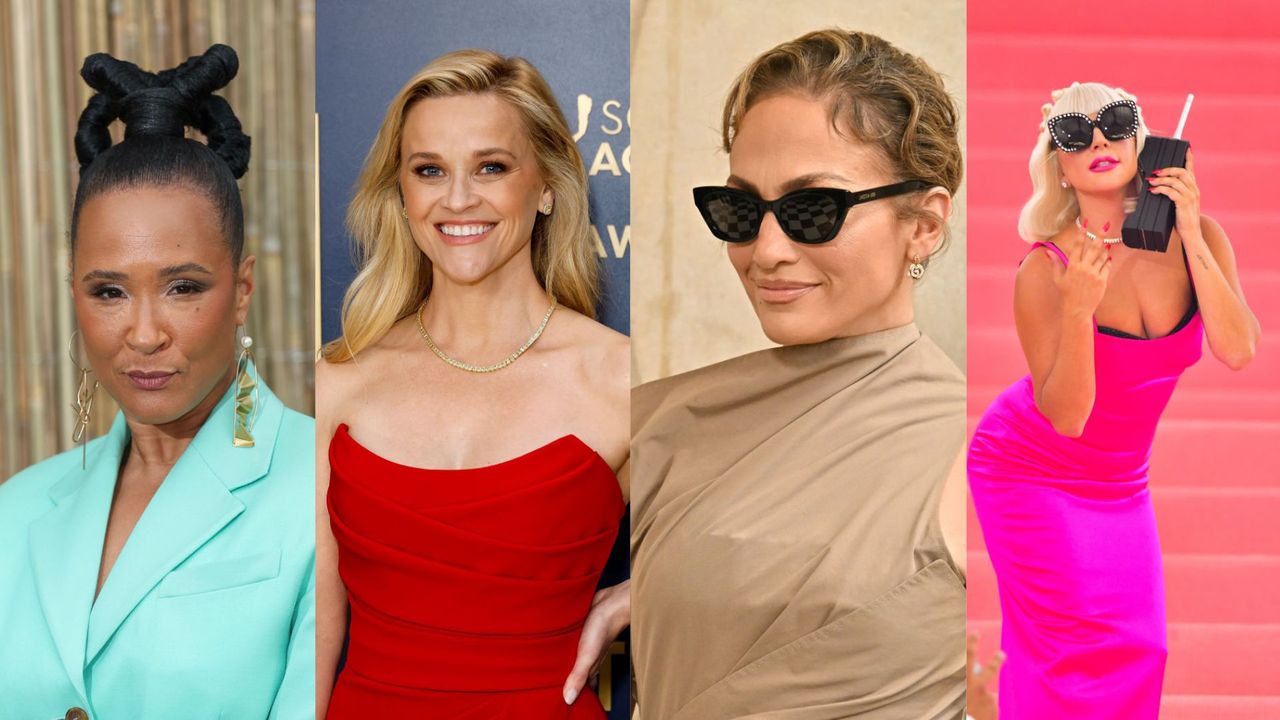 4 pictures of pink lip looks on celebrities. L-R: Golda Rosheuvel, Reese Witherspoon, Jennifer Lopez and Lady Gaga.