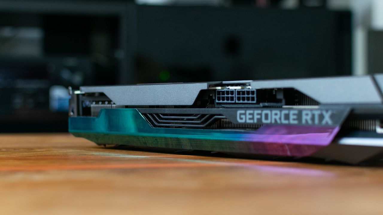 A photograph of the GeForce RTX branding on the Zotac GeForce RTX 3080 AMP Holo