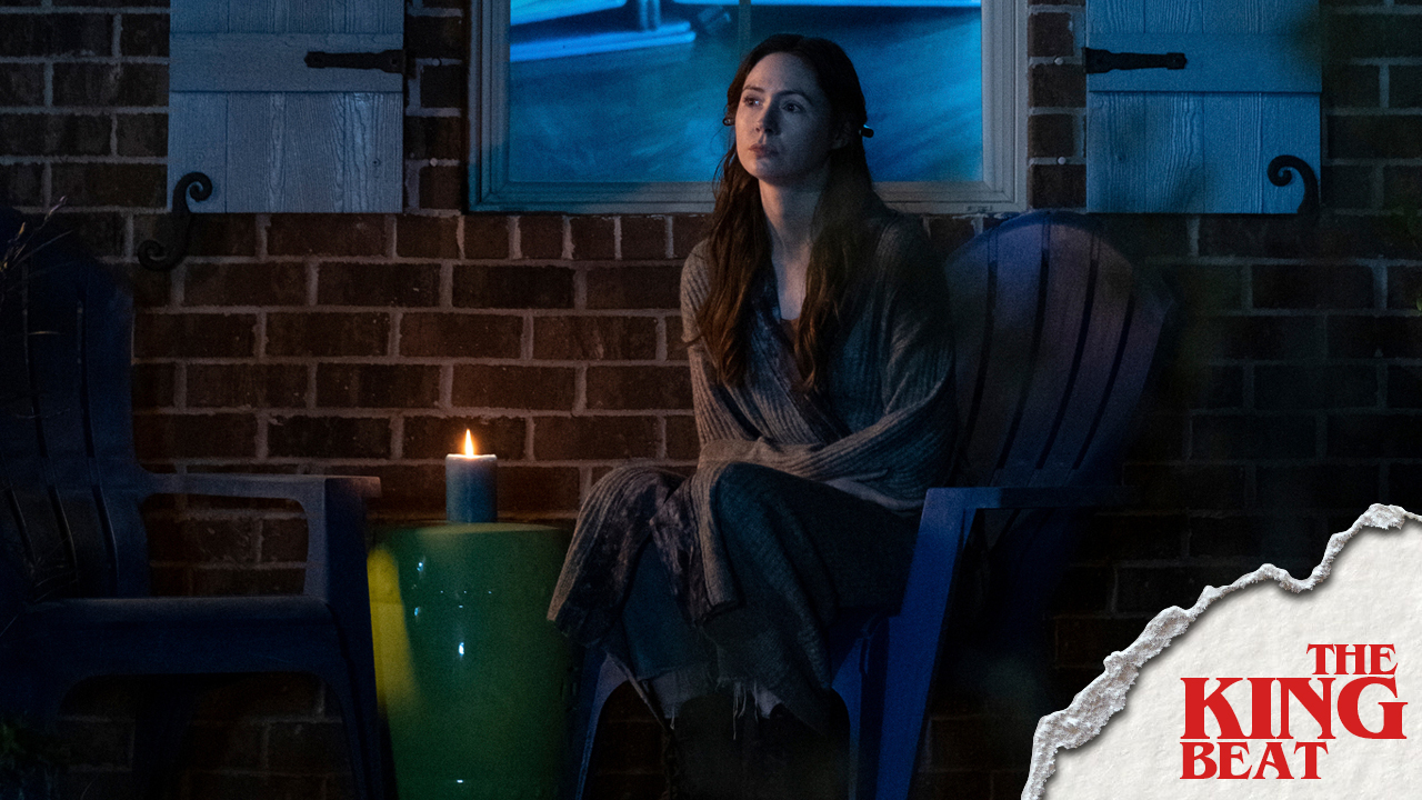 Karen Gillan sitting on a chair outside in The Life Of Chuck The King Beat