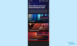 A screenshot of the Entertainment area setup process in the Hue Sync app