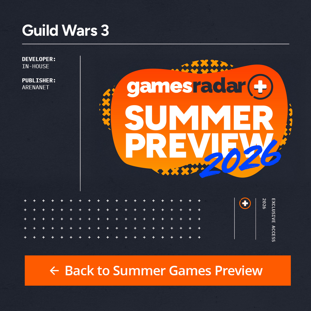 The GamesRadar+ Summer Preview 2026 info box for Guild Wars 3, listing the developer and publisher as ArenaNet