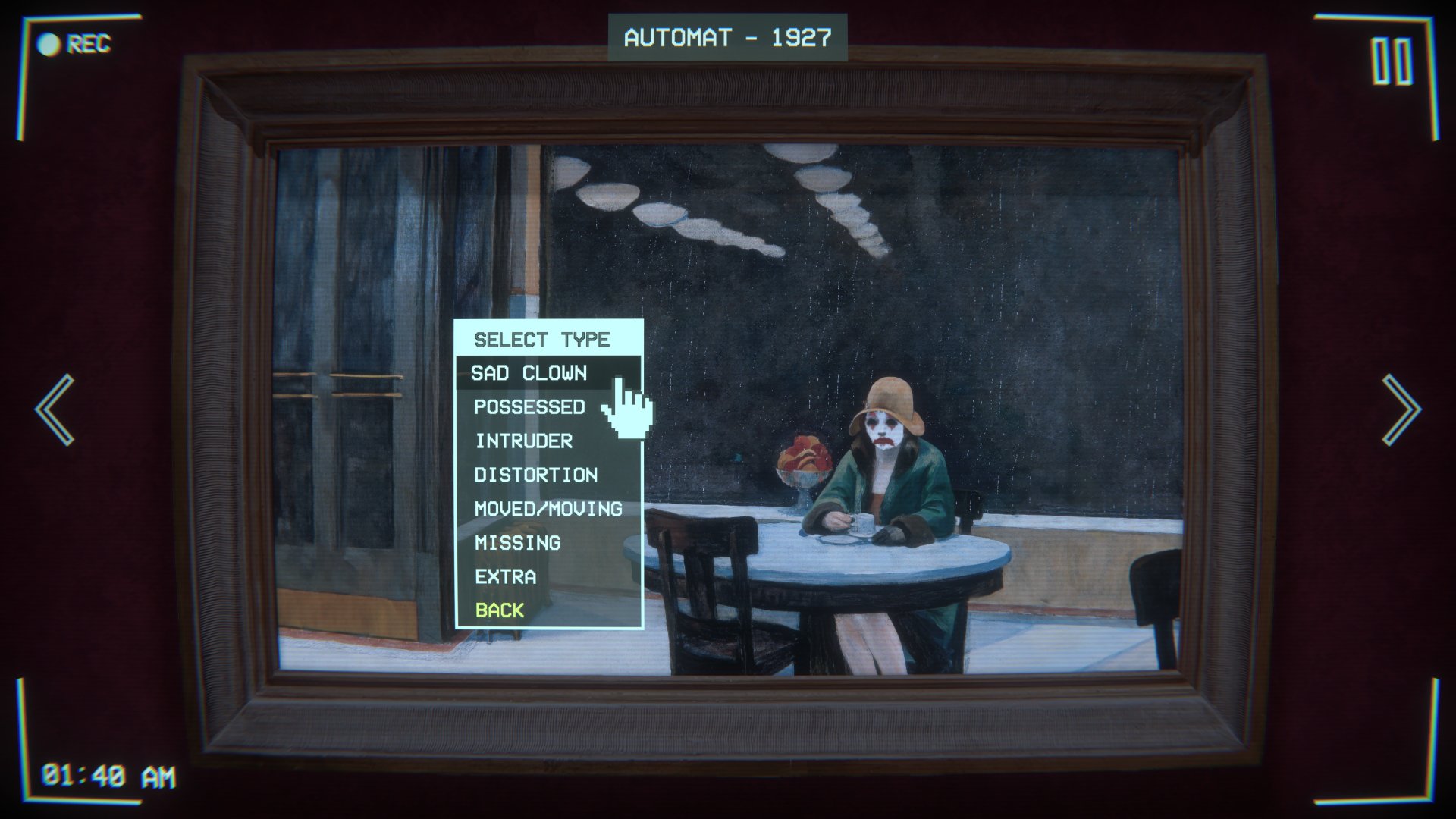 Please, Watch this Artwork screenshot showing a painting with a woman wearing sad clown makeup