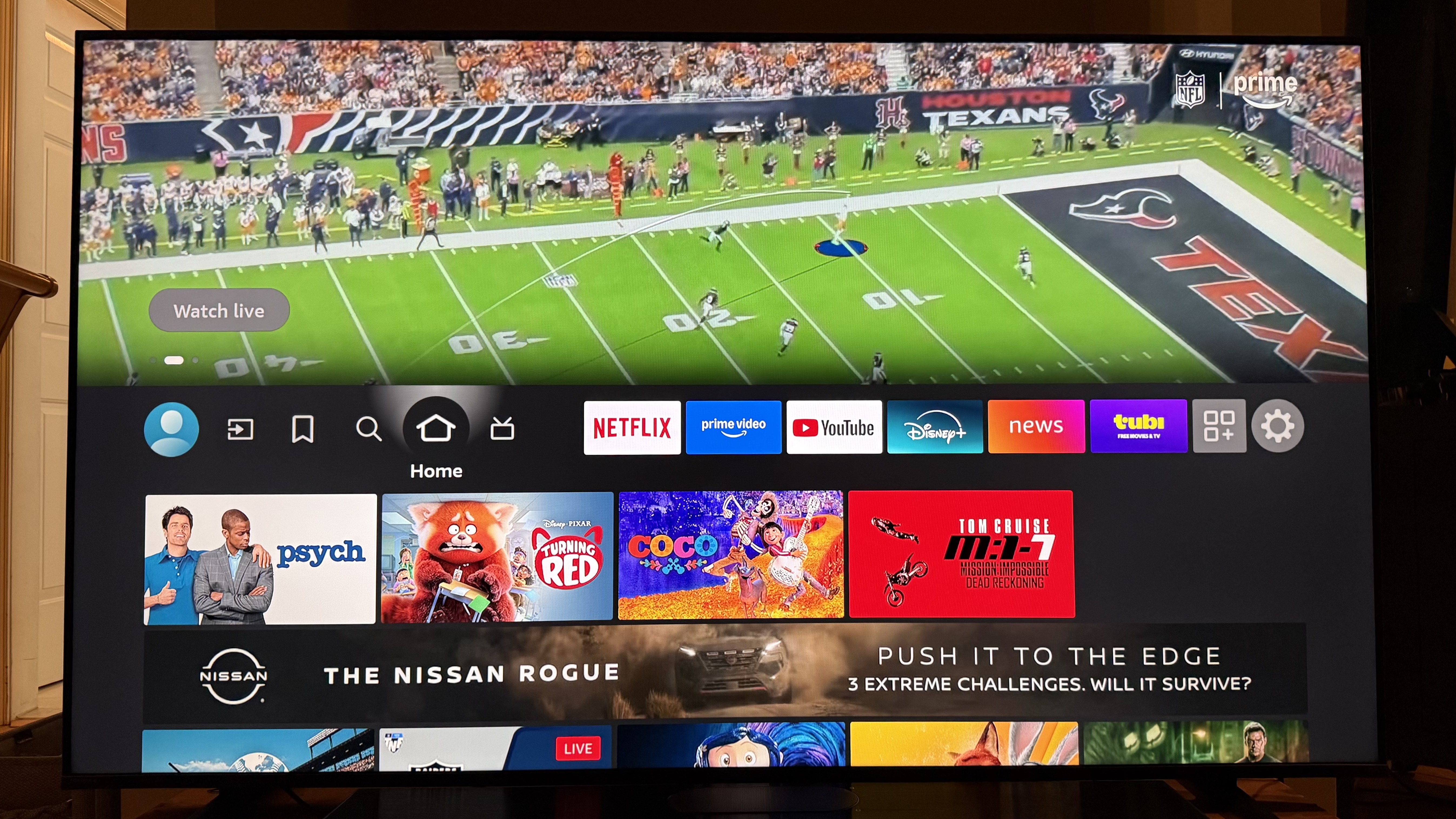 Hisense U65QF Fire TV smart interface showing football game