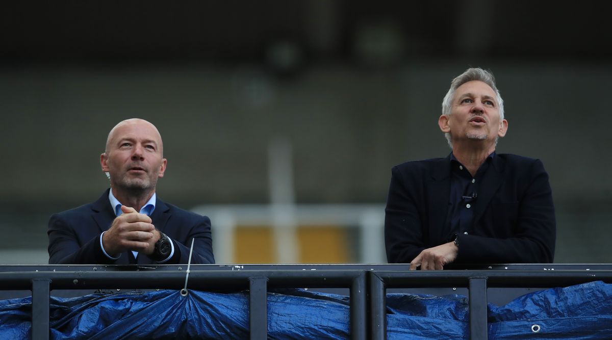 NEWCASTLE UPON TYNE, ENGLAND - JUNE 28: Tv pundits Alan Shearer and Gary Lineker are seen in the tv studio in the stands during the FA Cup Quarter Final match between Newcastle United and Manchester City at St. James Park on June 28, 2020 in Newcastle upon Tyne, England. (Photo by Owen Humphreys/Pool via Getty Images)