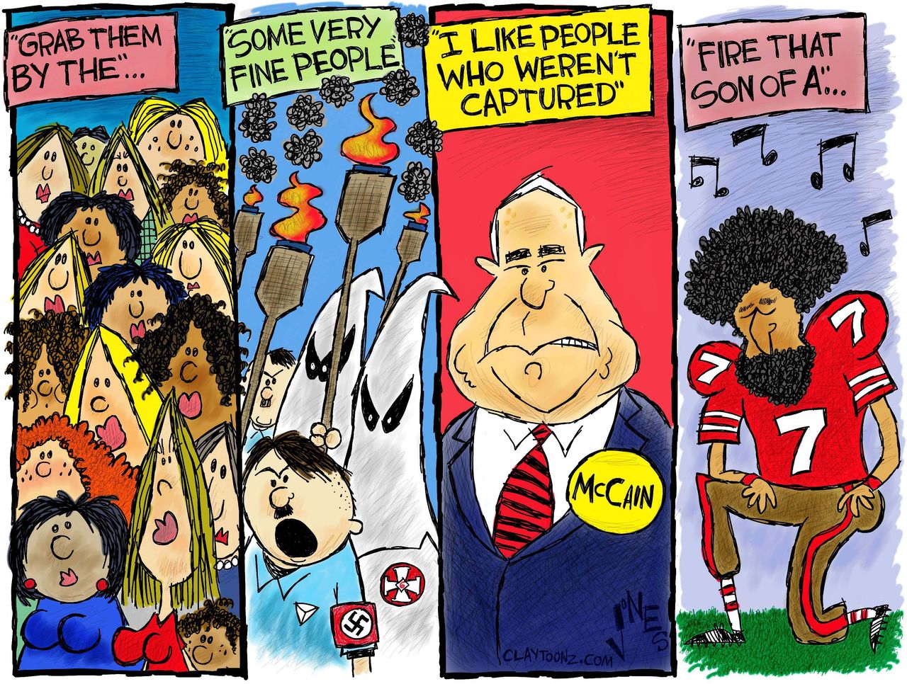 Political cartoon U.S. Trump Colin Kaepernick NFL kneeling women McCain veterans